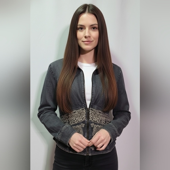 Bandolino Jackets & Blazers - Bandolino Women's Black Vintage Embroidered Zip-Up Jean Jacket Size 6 (Small)